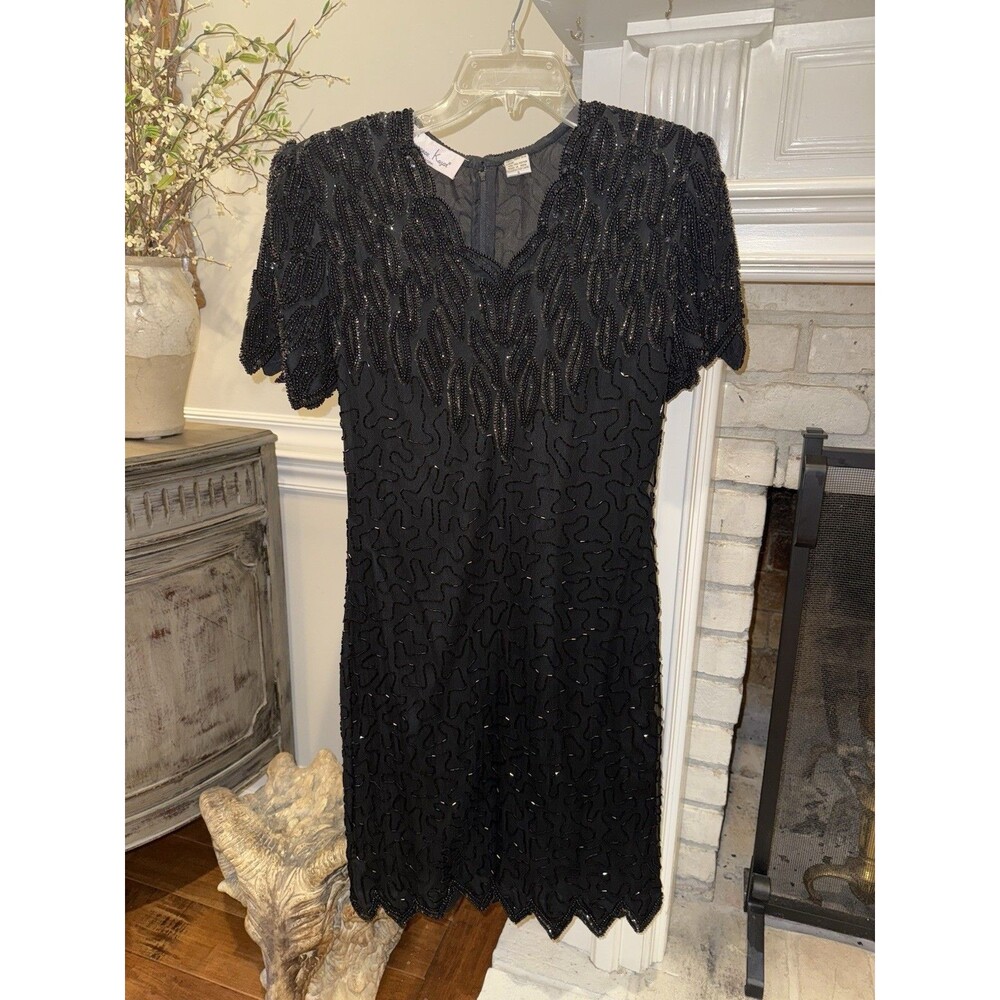 VTG Laurence KAZAR Dress Black 100% Silk Lined Beaded Evening Cocktail Small S